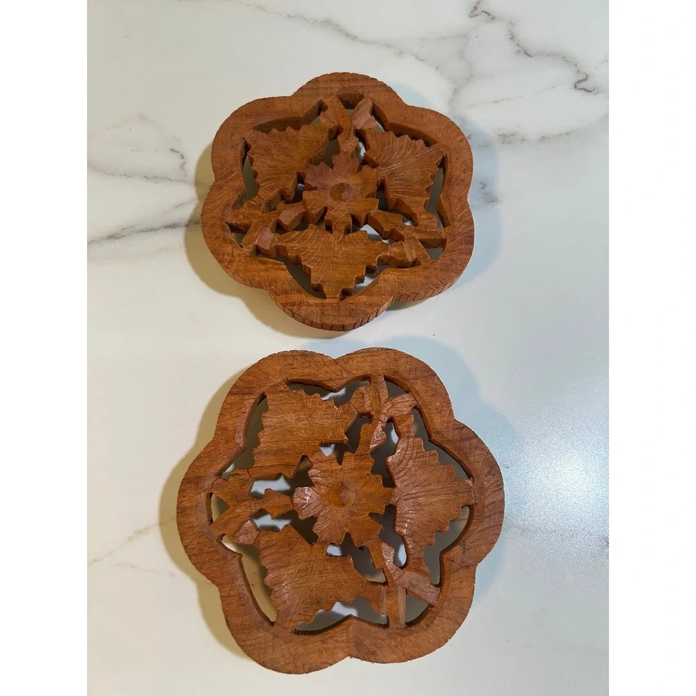 Vintage Hand Carved Wood Floral Trivets Set of 2 Boho Scalloped Kitchen Decor